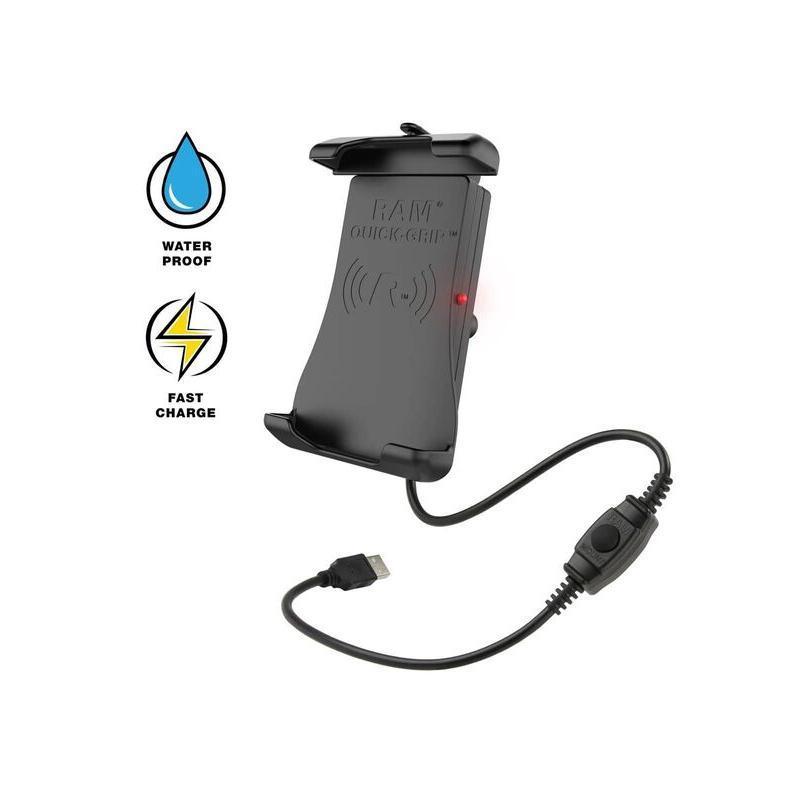 RAM RAM-HOL-UN14WB-1 : Soporte de smartphone con carga inalámbrica RAM MOUNTS Quick-Grip Waterproof 15W con rótula