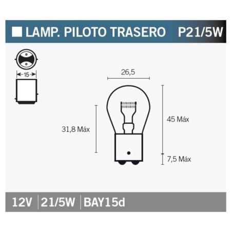 V PARTS P21/5W-AMBAR : Caja de 10 lámparas BILUX 12V21/5W ROJA