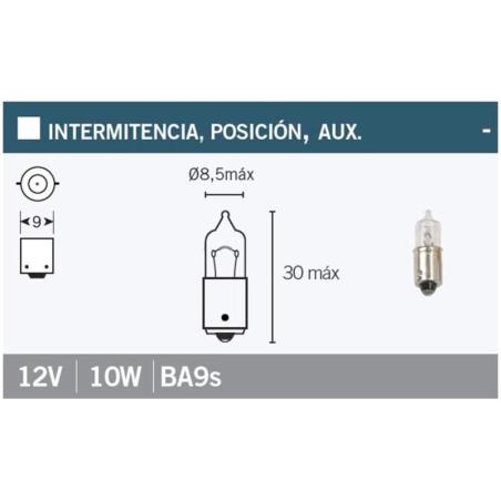 V PARTS G-012A : Caja de 10 lámparas bayoneta 9 mm 12Vx10W. Blanca