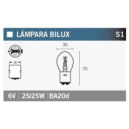 V PARTS S1-6VX25W/25W : Caja de 10 lámparas BILUX 6V25/25W